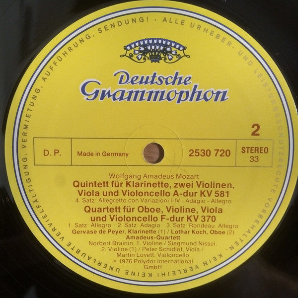 Wolfgang Amadeus Mozart - Gervase De Peyer, Lothar Koch, Amadeus-Quartett : Quintett Für Klarinette Und Streicher A-Dur KV 581 - Quartett Für Oboe Und Streicher F-Dur KV 370 (LP, Album)