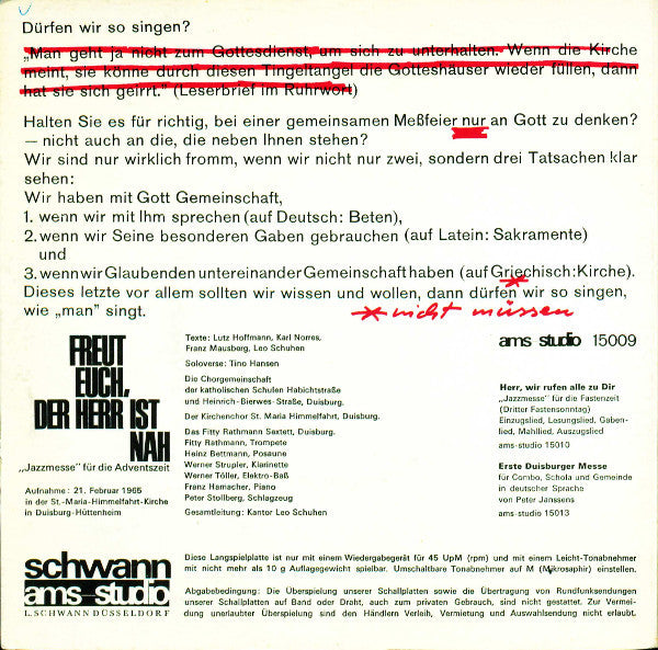 Various : Freut Euch, Der Herr Ist Nah ("Jazzmesse" Für Die Adventszeit) (7")