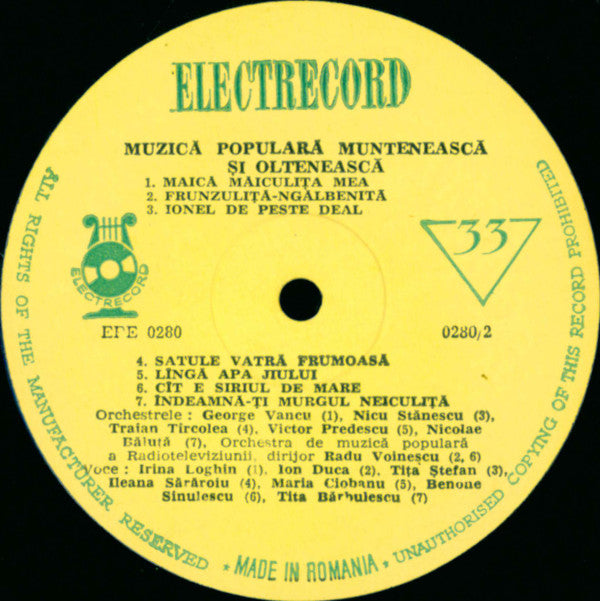 Various : Muzică Populară Muntenească Și Olteneasca (LP, Comp, Mono)