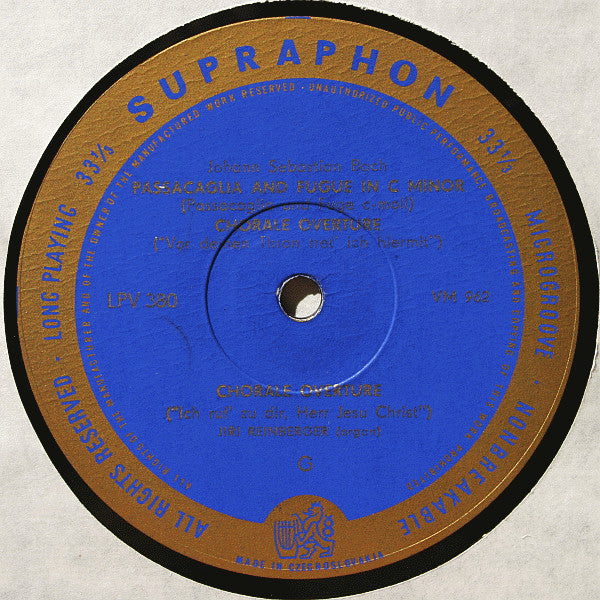 Jiří Reinberger, Johann Sebastian Bach : Organ Recital, Toccata — Pastorale — Passacaglia — Choral Preludes (LP, Mono)