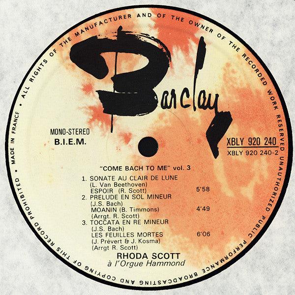 Rhoda Scott : A L'Orgue Hammond Vol. 3 Come Bach To Me (LP, Album)
