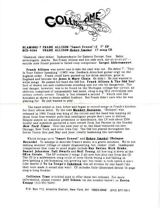 Frank Allison And The Odd Sox : Smart Ernest (7")