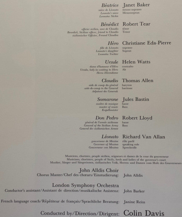 Hector Berlioz - Janet Baker / Christiane Eda-Pierre / Helen Watts, Robert Tear / Thomas Allen / Robert Lloyd (4) / Jules Bastin, John Alldis Choir, London Symphony Orchestra, Sir Colin Davis : Béatrice Et Bénédict (2xLP + Box)