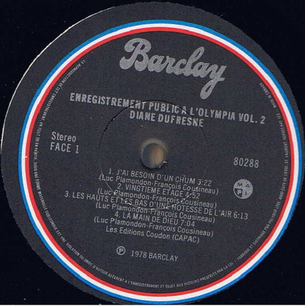 Diane Dufresne : J'me Sens Ben - Enregistrement Public A L'Olympia Vol. 2 (LP)