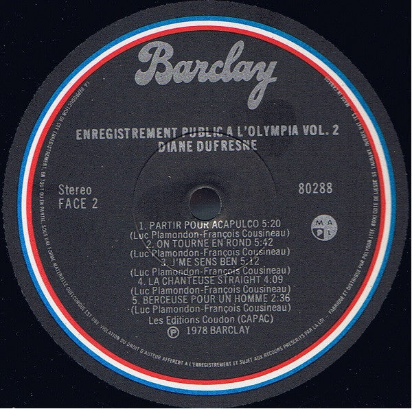 Diane Dufresne : J'me Sens Ben - Enregistrement Public A L'Olympia Vol. 2 (LP)