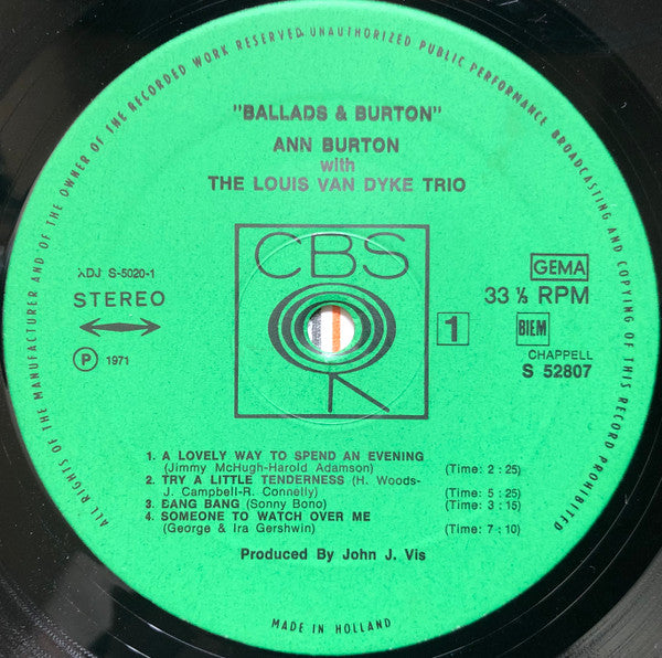 Ann Burton With Louis Van Dyke Trio : Ballads & Burton (LP, Album, RE)