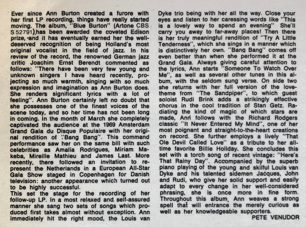 Ann Burton With Louis Van Dyke Trio : Ballads & Burton (LP, Album, RE)