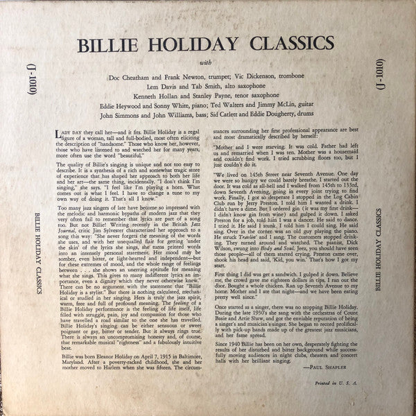 Billie Holiday : Billie Holiday Classics (10", Comp)