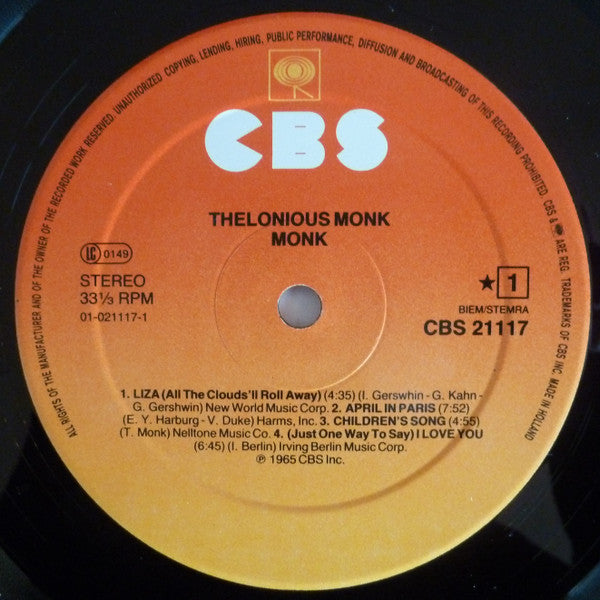 Thelonious Monk : Monk (LP, Album, RE)