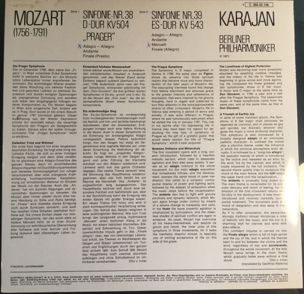 Wolfgang Amadeus Mozart - Herbert von Karajan, Berliner Philharmoniker : Sinfonie Nr. 38 D-Dur KV504 "Prager" - Sinfonie Nr. 39 Es-Dur KV543 (LP, Album)