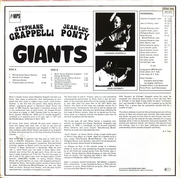 Stéphane Grappelli / Jean-Luc Ponty : Giants (LP, Album, Comp)