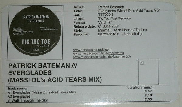 Patrick Bateman : Everglades (Massi DL's Acid Tears Mix) (12", Promo, W/Lbl)