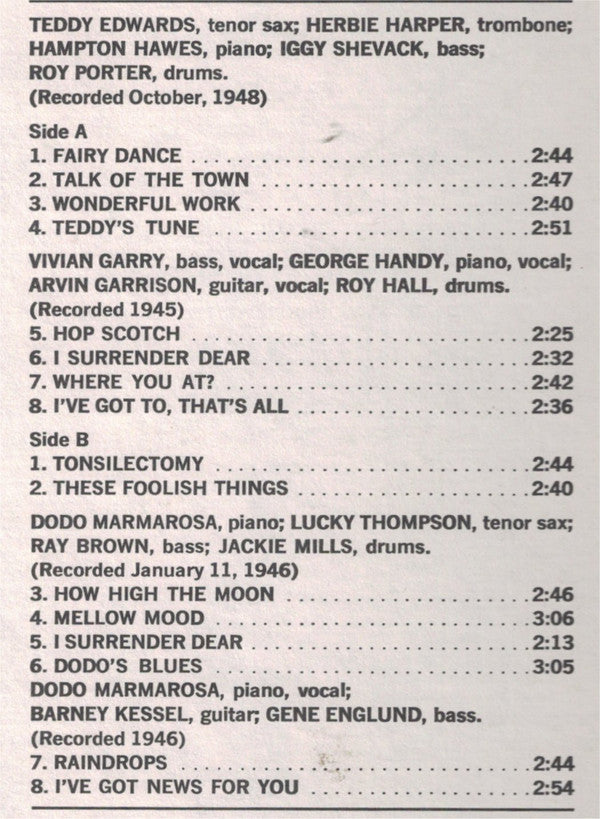 Teddy Edwards / Vivian Garry / Dodo Marmarosa : Central Avenue Breakdown; Volume 1 (Original 1945-47 Recordings) (LP, Comp, Mono)