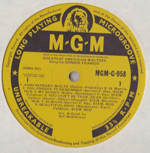 Connie Francis : Greatest American Waltzes (LP, Mono)