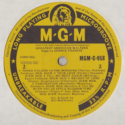 Connie Francis : Greatest American Waltzes (LP, Mono)