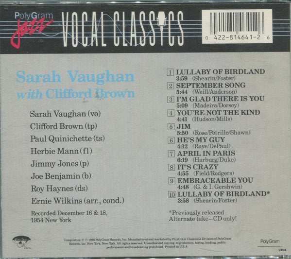 Sarah Vaughan With Clifford Brown : Sarah Vaughan With Clifford Brown (CD, Album, RE, RM)