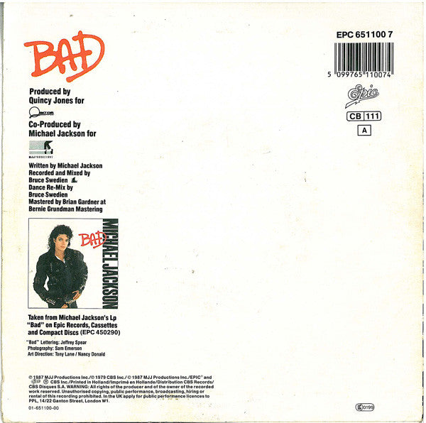 Michael Jackson : Bad (7", Single)
