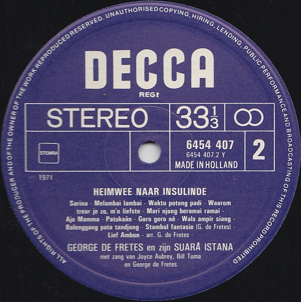 George de Fretes En Zijn Suara Istana : Heimwee Naar Insulinde (LP, Album, RP)