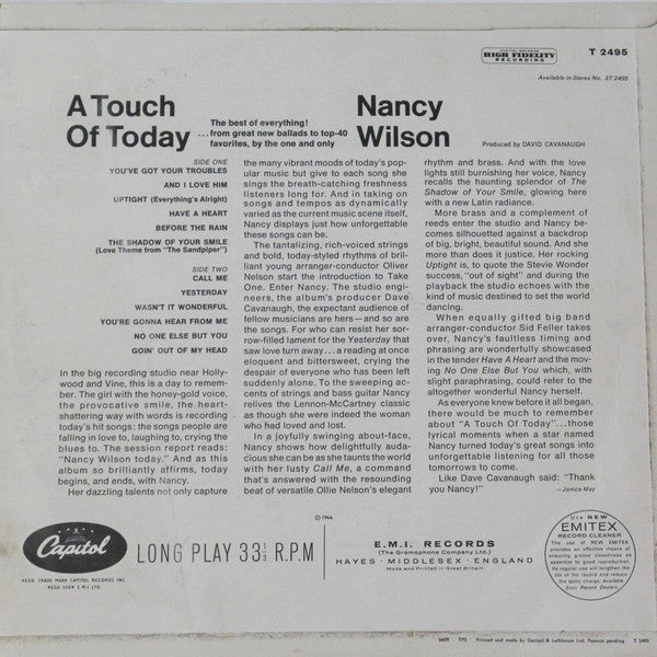 Nancy Wilson : A Touch Of Today (LP, Album, Mono)