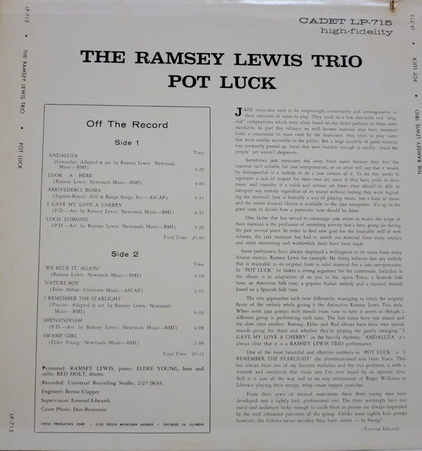 The Ramsey Lewis Trio : Pot Luck (LP, Album, RE)