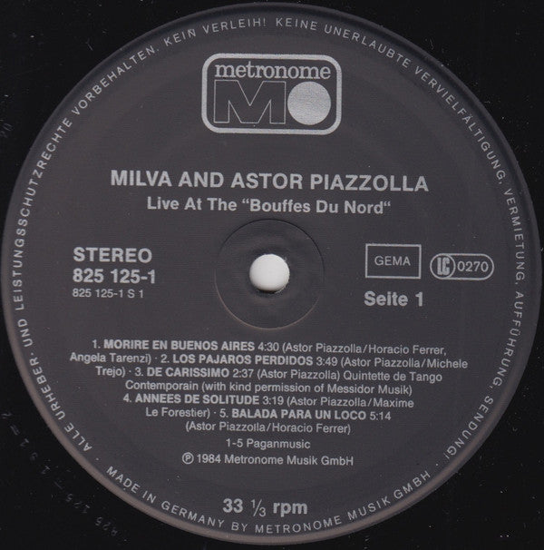 Milva And Astor Piazzolla : Live At The Bouffes Du Nord (LP, Album)