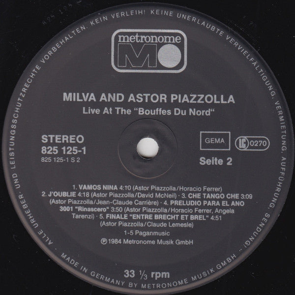 Milva And Astor Piazzolla : Live At The Bouffes Du Nord (LP, Album)