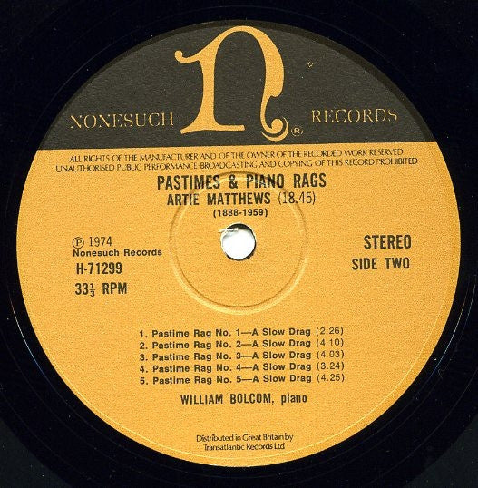 William Bolcom : Pastimes & Piano Rags (LP)