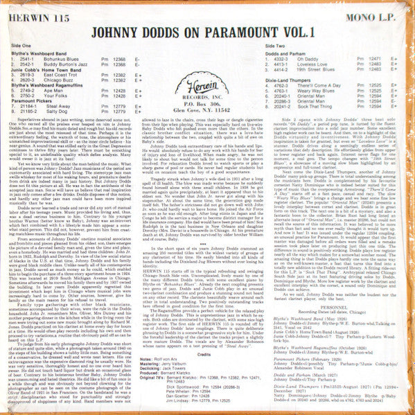 Johnny Dodds : Johnny Dodds On Paramount Records Vol.1 (1926-1929) (LP, Comp, Mono)