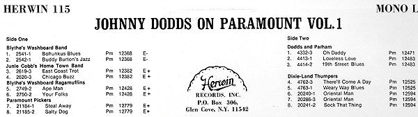 Johnny Dodds : Johnny Dodds On Paramount Records Vol.1 (1926-1929) (LP, Comp, Mono)