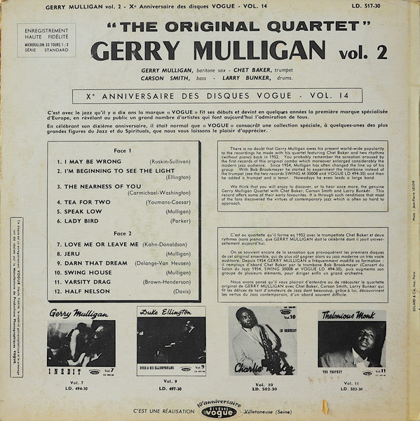 Gerry Mulligan : Vol. 2 - The Original Quartet With Chet Baker (LP, Comp)