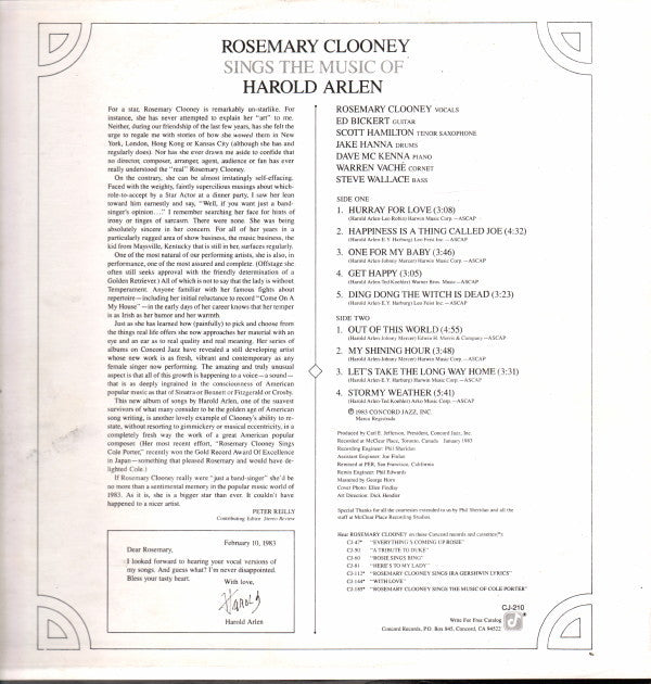 Rosemary Clooney : Rosemary Clooney Sings The Music Of Harold Arlen (LP, Album)