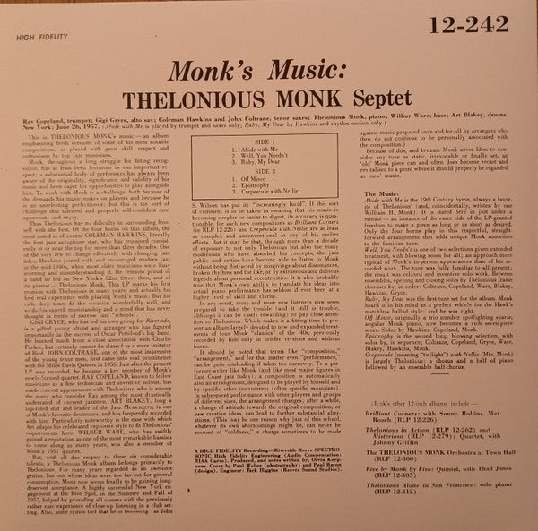 Thelonious Monk Septet : Monk's Music (LP, Album, Ltd, RE, Unofficial, 180)