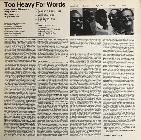 James Moody, Al Cohn : Too Heavy For Words (LP, Album)
