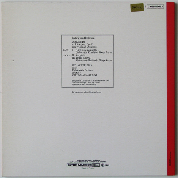 Itzhak Perlman, Philharmonia Orchestra, Carlo Maria Giulini - Ludwig Van Beethoven : Concerto Pour Violon (LP, Album)
