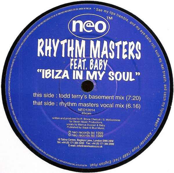 Rhythm Masters Feat. Baby (3) : Ibiza In My Soul (12")