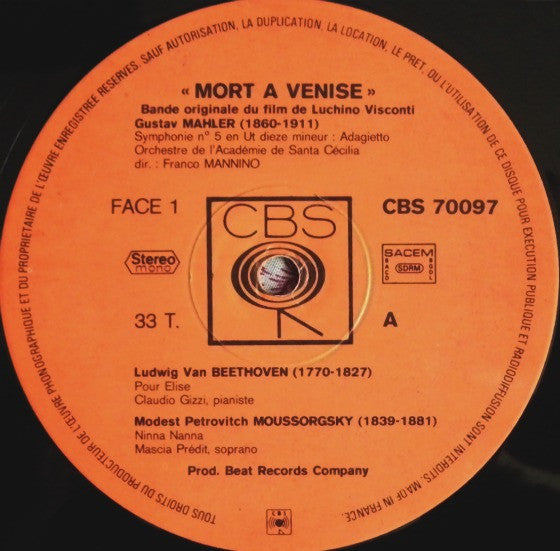 Orchestra Dell'Accademia Nazionale Di Santa Cecilia direction: Franco Mannino : Mort A Venise (Bande Originale Du Film) (LP)
