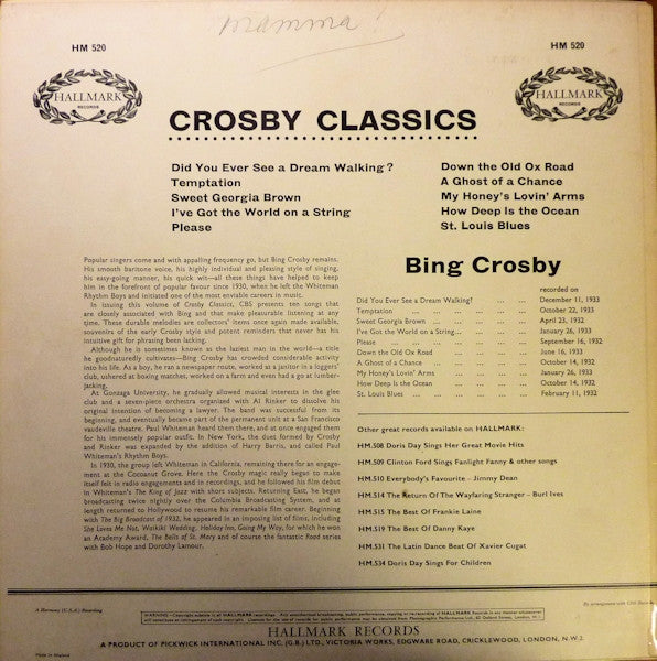 Bing Crosby : Crosby Classics (LP, Comp, Mono, RE)