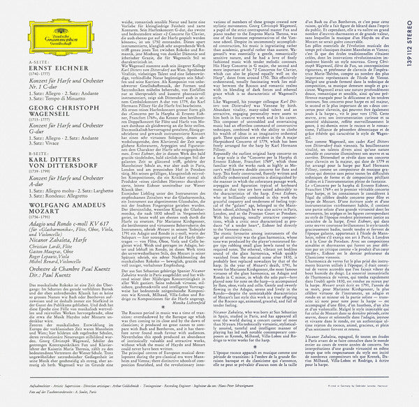 Nicanor Zabaleta, Ernst Eichner ∙ Georg Christoph Wagenseil ∙ Carl Ditters von Dittersdorf ∙ Wolfgang Amadeus Mozart, Orchestre de Chambre Paul Kuentz ∙ Paul Kuentz : Nicanor Zabaleta (LP, RE)