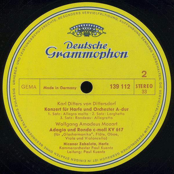 Nicanor Zabaleta, Ernst Eichner ∙ Georg Christoph Wagenseil ∙ Carl Ditters von Dittersdorf ∙ Wolfgang Amadeus Mozart, Orchestre de Chambre Paul Kuentz ∙ Paul Kuentz : Nicanor Zabaleta (LP, RE)