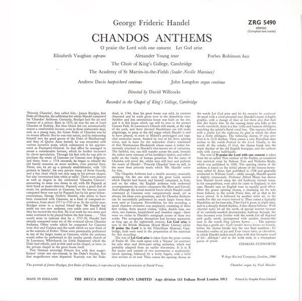 Georg Friedrich Händel - Elizabeth Vaughan, Alexander Young, Forbes Robinson, The King's College Choir Of Cambridge, David Willcocks, The Academy Of St. Martin-in-the-Fields : Chandos Anthems (O Praise The Lord / Let God Arise) (LP, RP)