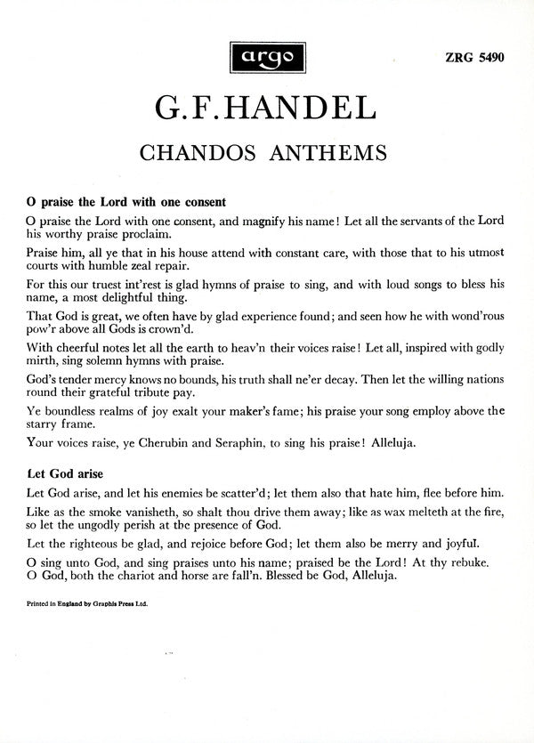 Georg Friedrich Händel - Elizabeth Vaughan, Alexander Young, Forbes Robinson, The King's College Choir Of Cambridge, David Willcocks, The Academy Of St. Martin-in-the-Fields : Chandos Anthems (O Praise The Lord / Let God Arise) (LP, RP)