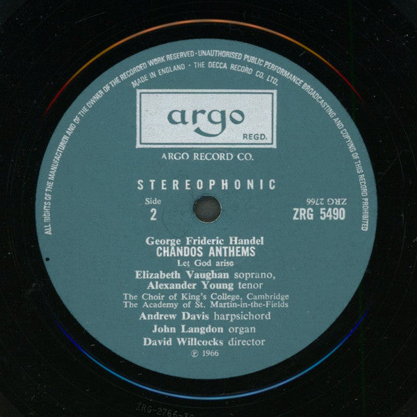 Georg Friedrich Händel - Elizabeth Vaughan, Alexander Young, Forbes Robinson, The King's College Choir Of Cambridge, David Willcocks, The Academy Of St. Martin-in-the-Fields : Chandos Anthems (O Praise The Lord / Let God Arise) (LP, RP)