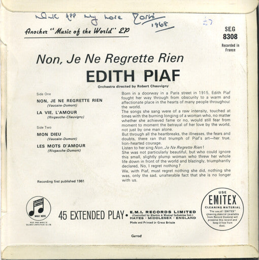 Edith Piaf : Non, Je Ne Regrette Rien... (7", EP, Mono)
