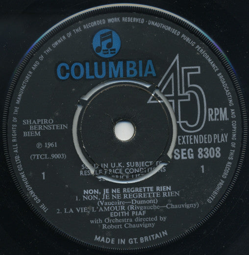 Edith Piaf : Non, Je Ne Regrette Rien... (7", EP, Mono)