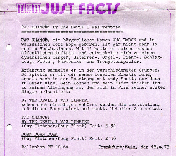 Fat Chance (7) : By The Devil I Was Tempted (7", Single)