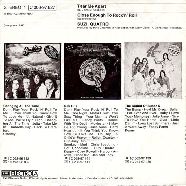 Suzi Quatro : Tear Me Apart (7", Single)