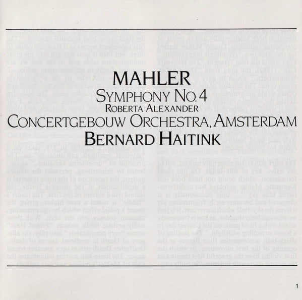 Gustav Mahler – Roberta Alexander, Concertgebouworkest, Bernard Haitink : Symphony No. 4 (CD)