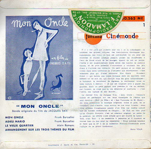 Franck Barcellini & Alain Romans : Mon Oncle (Bande Originale Du Film De Jacques Tati) (7", EP)