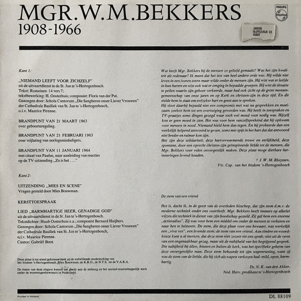 Mgr. W. M. Bekkers : 1908 - 1966 (LP, Mono)