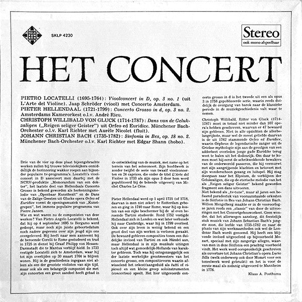 Pietro Antonio Locatelli, Pieter Hellendaal, Christoph Willibald Gluck, Johann Christian Bach - Jaap Schröder, Amsterdams Kamerorkest, Münchener Bach-Orchester, Aurèle Nicolet, Edgar Shann : Het Concert (LP, Comp)